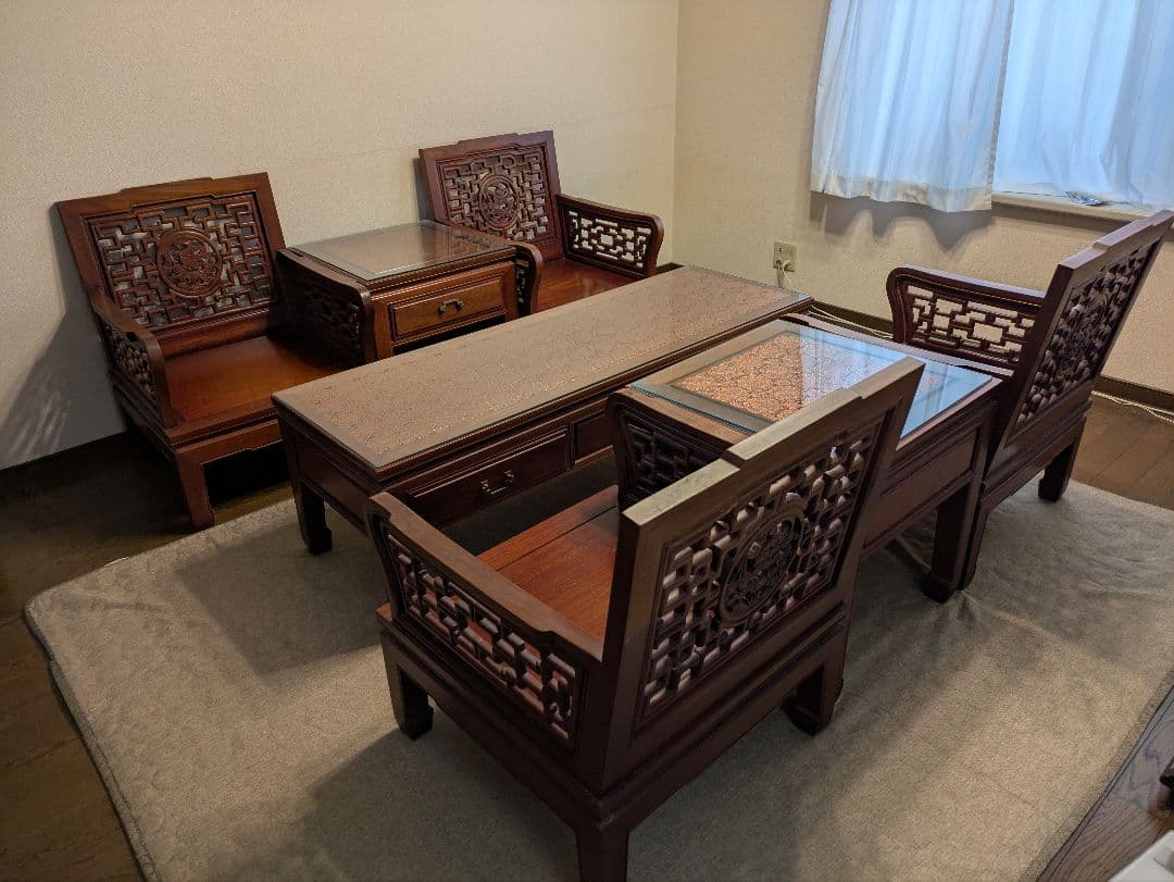 【yuki】中国木製彫刻入り応接セット【引き取り専用】