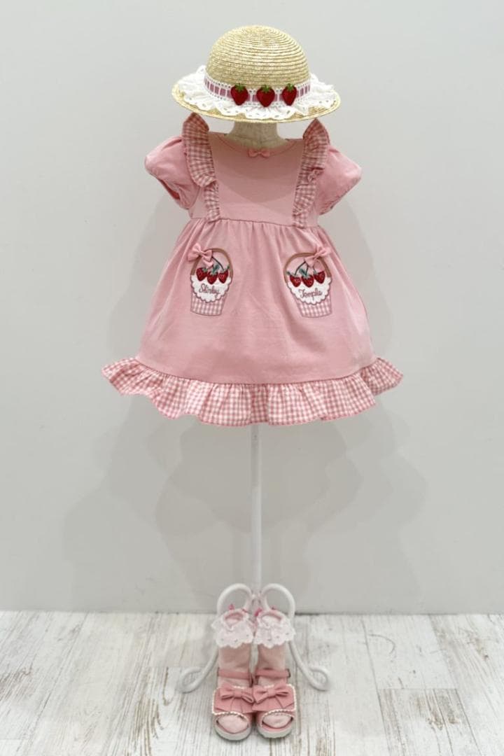 ◆ピンク◆いちごバスケットアップリケカットソーワンピース◆シャーリー◆120◆