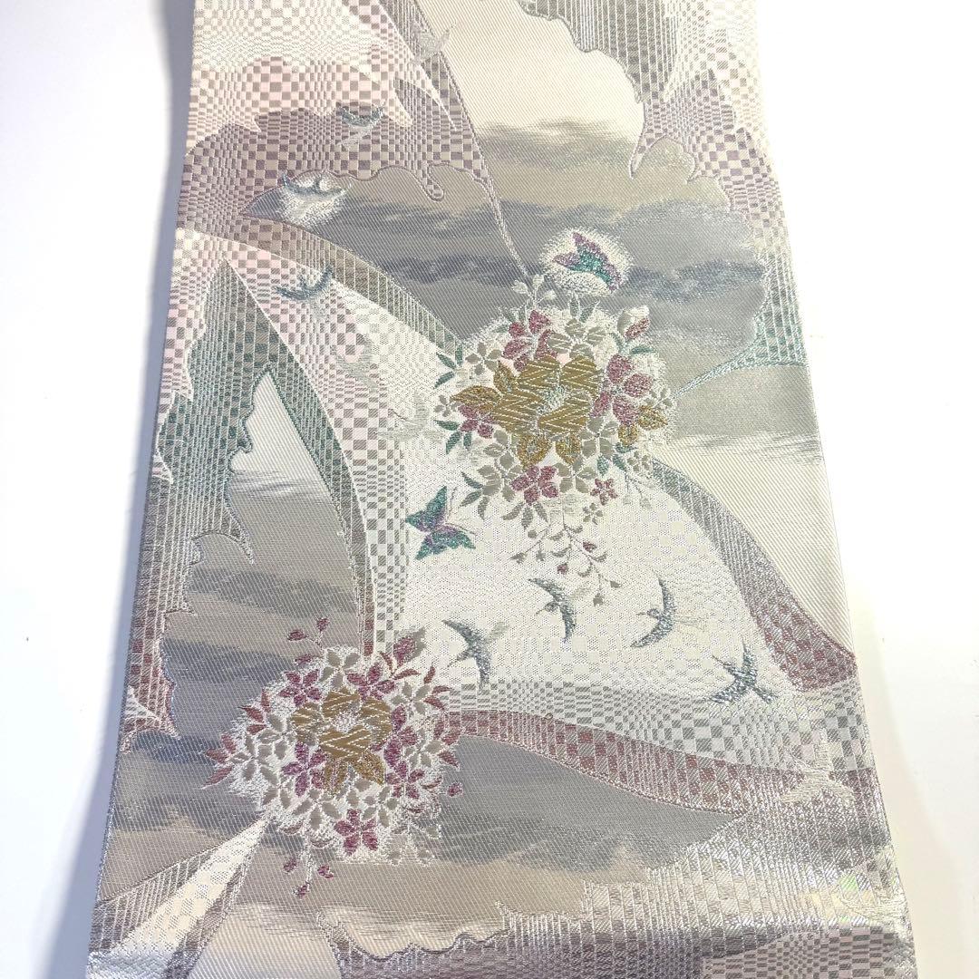 5k2218 袋帯　絹　西陣織　まいづる謹製　彩　唐織　銀色　金色　白　緑　青