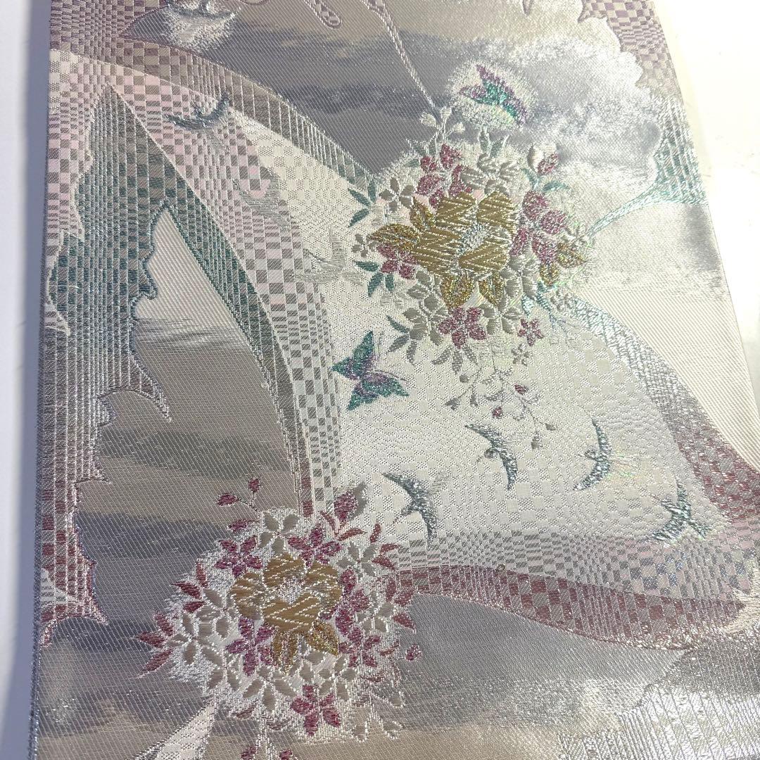 5k2218 袋帯　絹　西陣織　まいづる謹製　彩　唐織　銀色　金色　白　緑　青