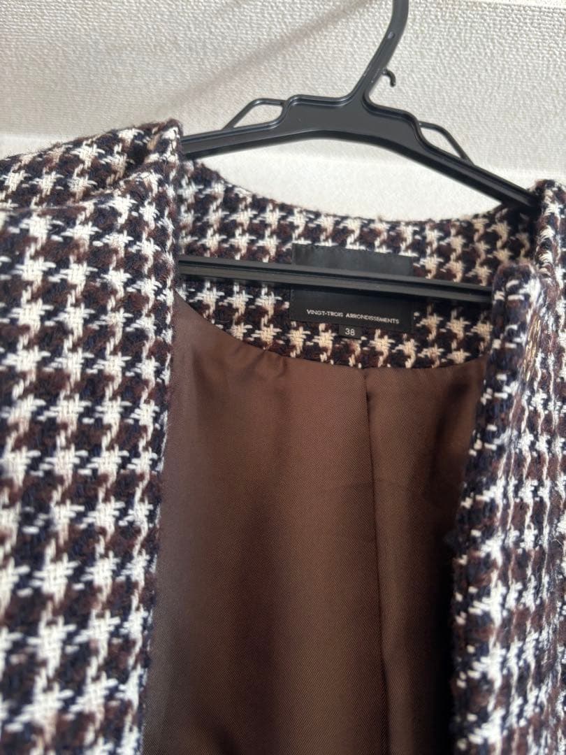 23区　千鳥格子 ノーカラーロングコート