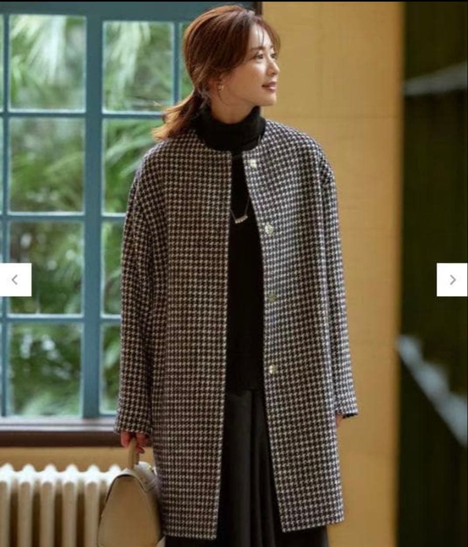 23区　千鳥格子 ノーカラーロングコート