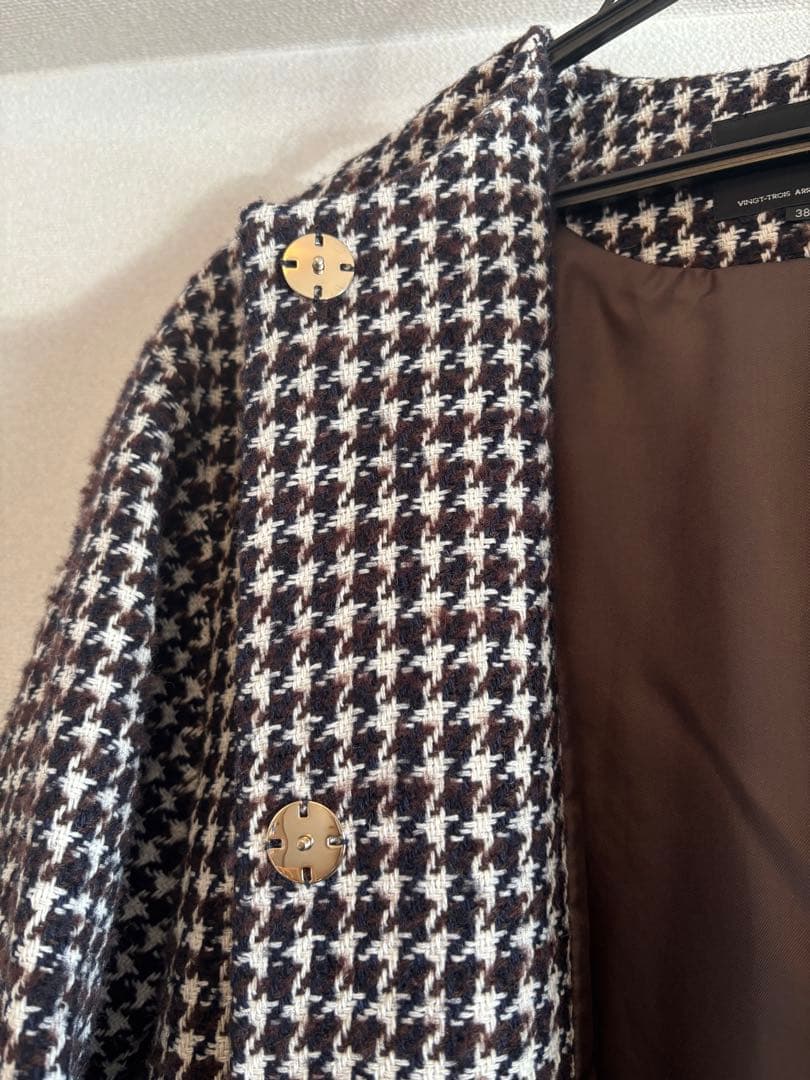 23区　千鳥格子 ノーカラーロングコート