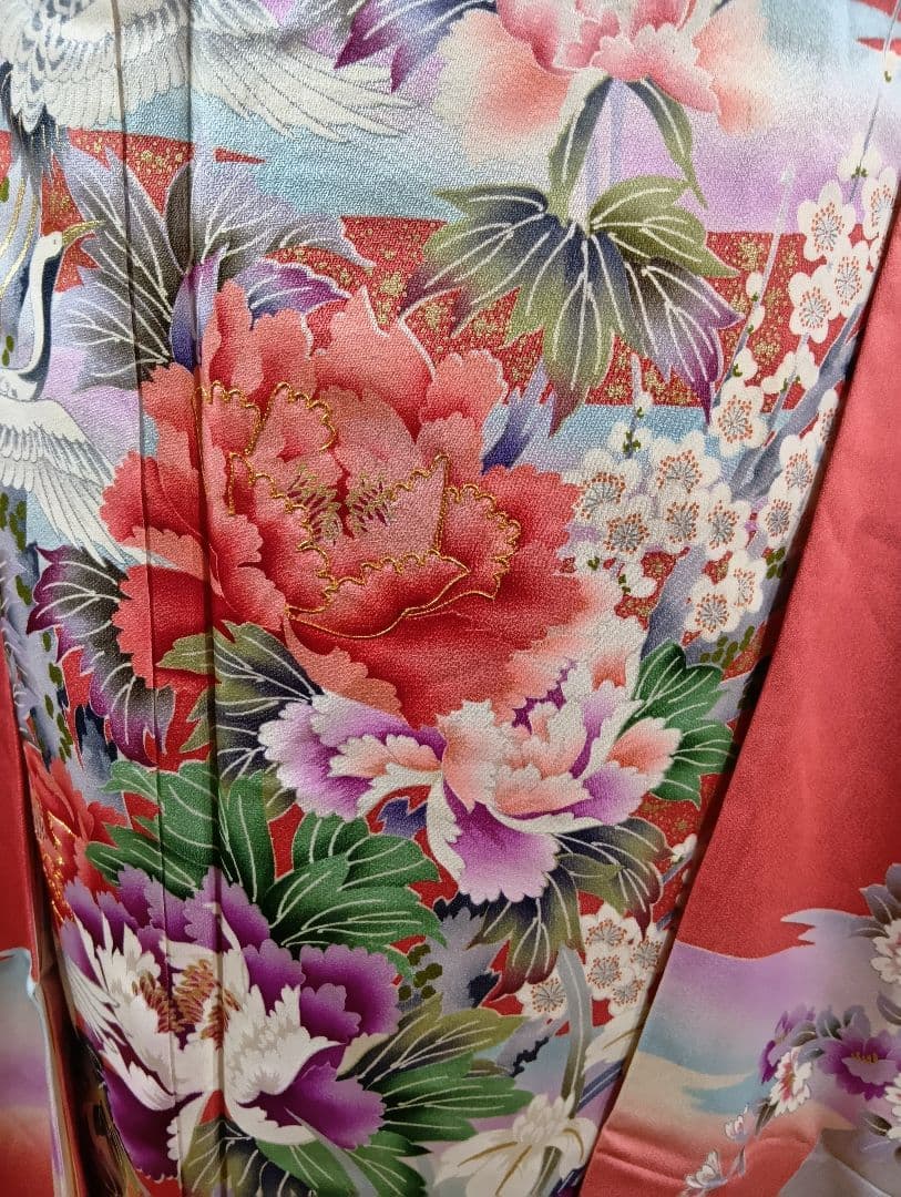 (矢2626m)☆正絹☆振袖 コーラルピンク☆ 花鳥柄晴れ着成人式