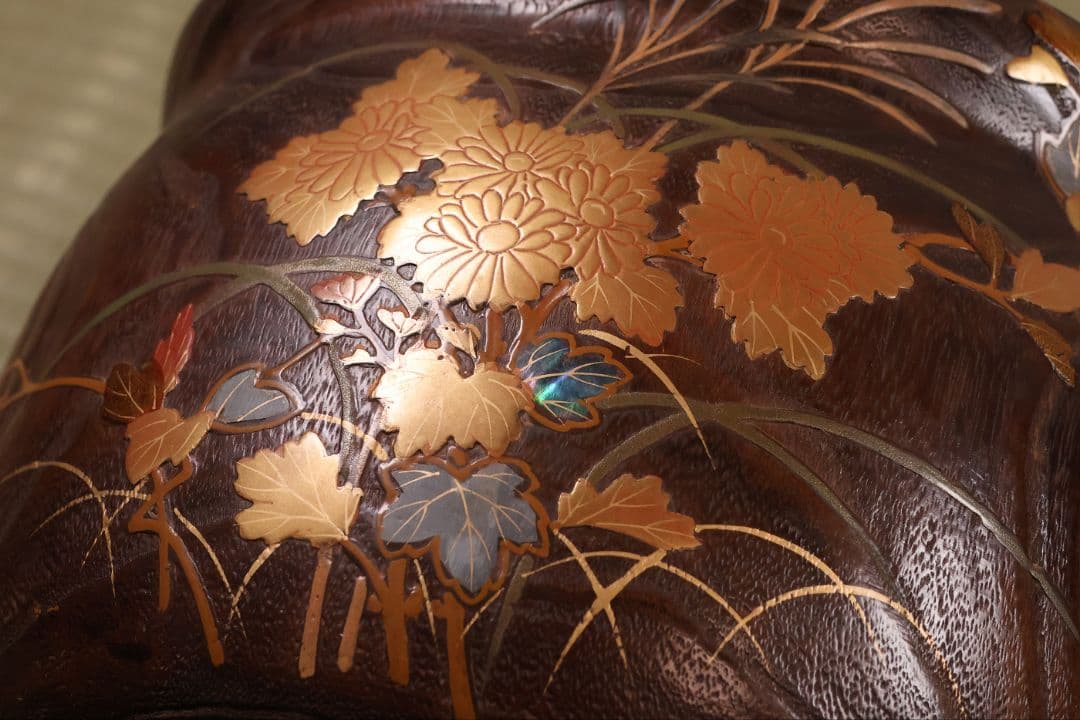 小菊蒔絵 桐火鉢 一対 幅29cm 草花 蝶 螺鈿 金蒔絵 古民具【MB104】