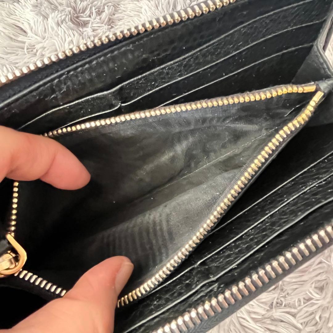 良品　プラダ　L字ファスナー　シボレザー　メタルロゴ　長財布　ブラック