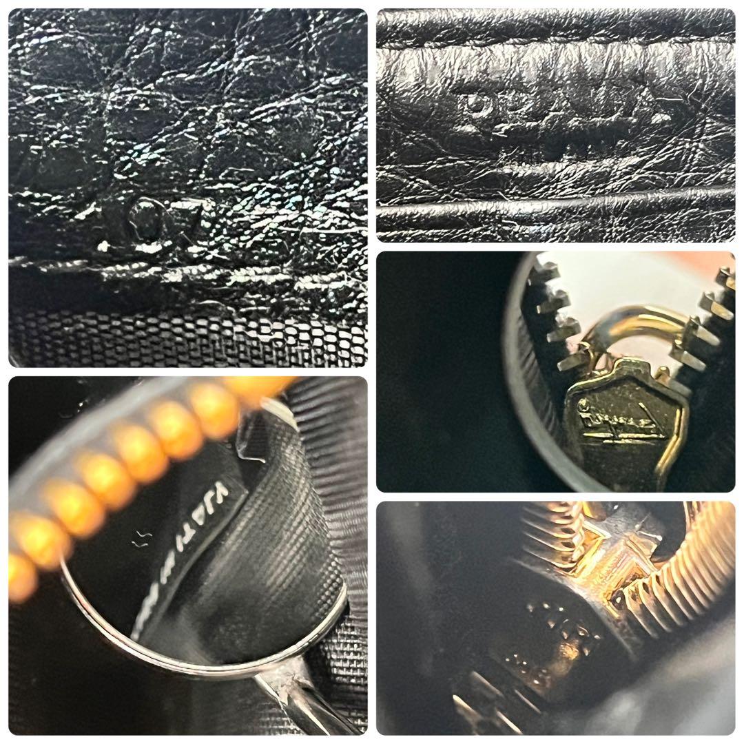 良品　プラダ　L字ファスナー　シボレザー　メタルロゴ　長財布　ブラック