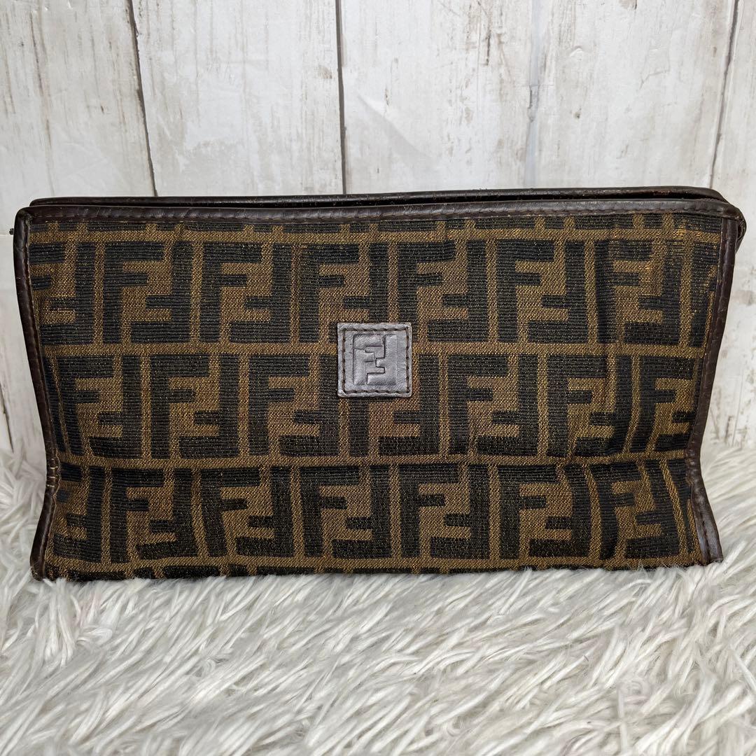 FENDI ズッカ　セカンドバッグ　クラッチバッグ　キャンバス　レザー　ブラウン