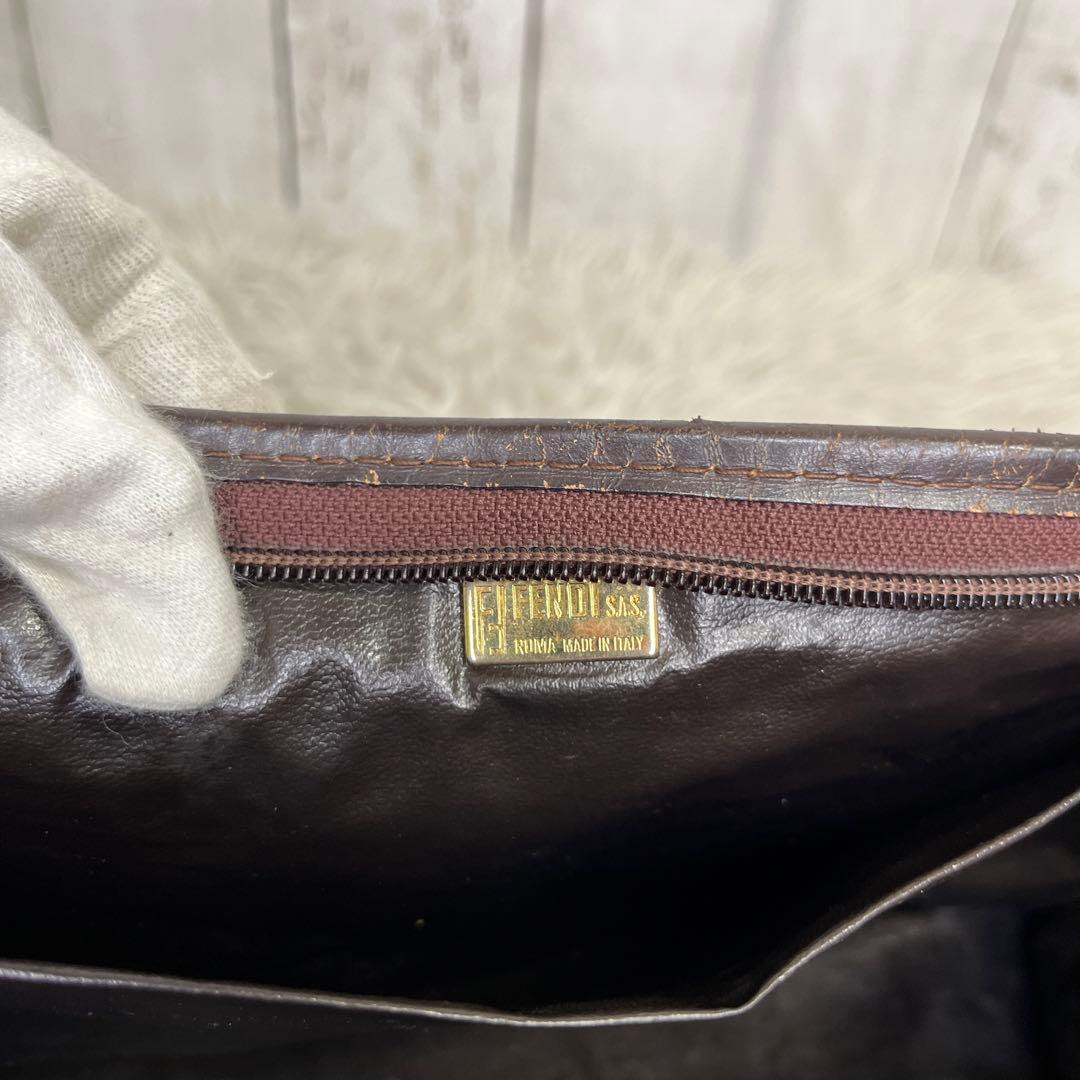 FENDI ズッカ　セカンドバッグ　クラッチバッグ　キャンバス　レザー　ブラウン