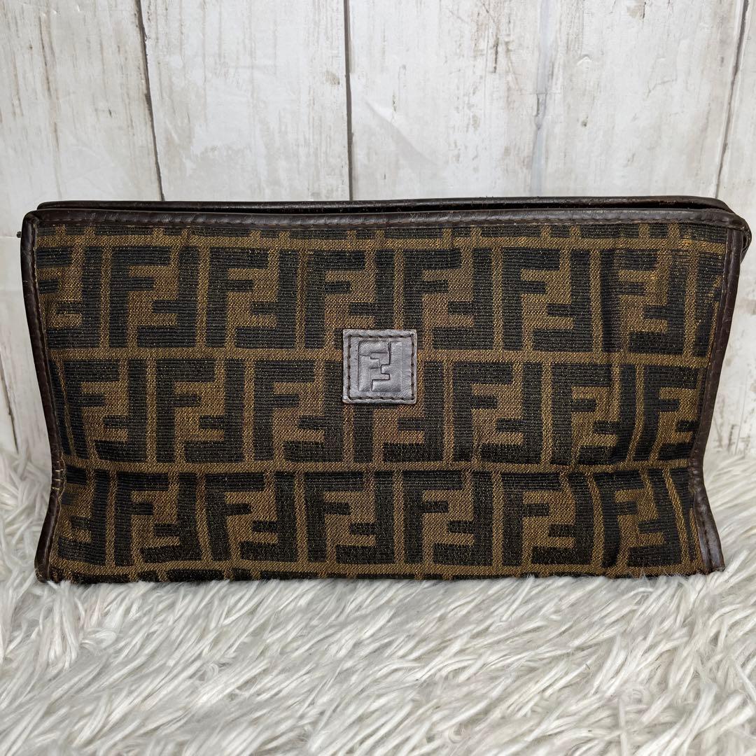 FENDI ズッカ　セカンドバッグ　クラッチバッグ　キャンバス　レザー　ブラウン