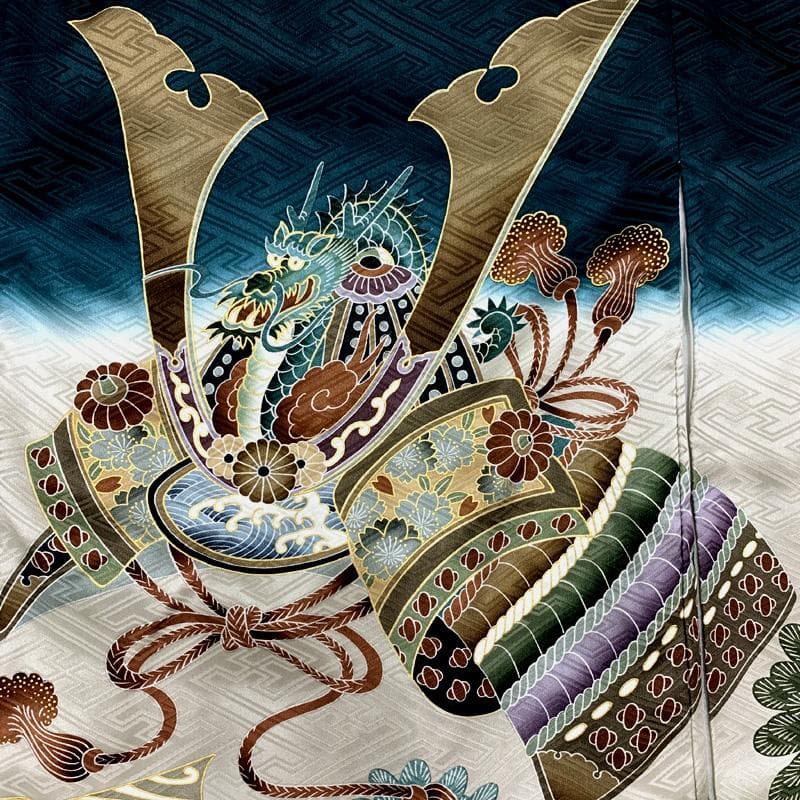 508ay66□お宮参り 男児 祝い着 着物 掛着 長襦袢付 金彩 龍に兜□美品