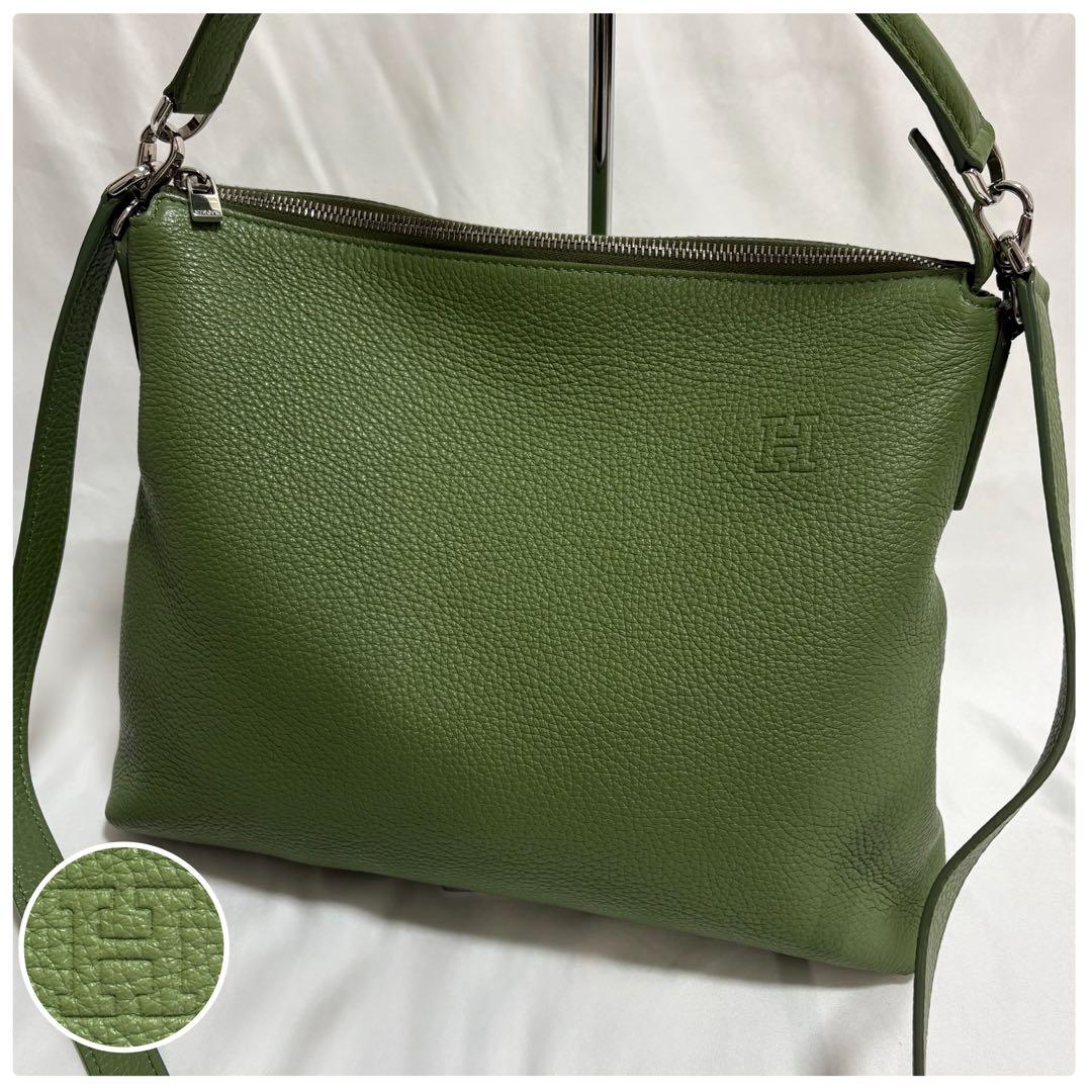 ヒロフ ミニマ 鹿革 ショルダーバック ロゴ 2way ライトグリーン 定12万