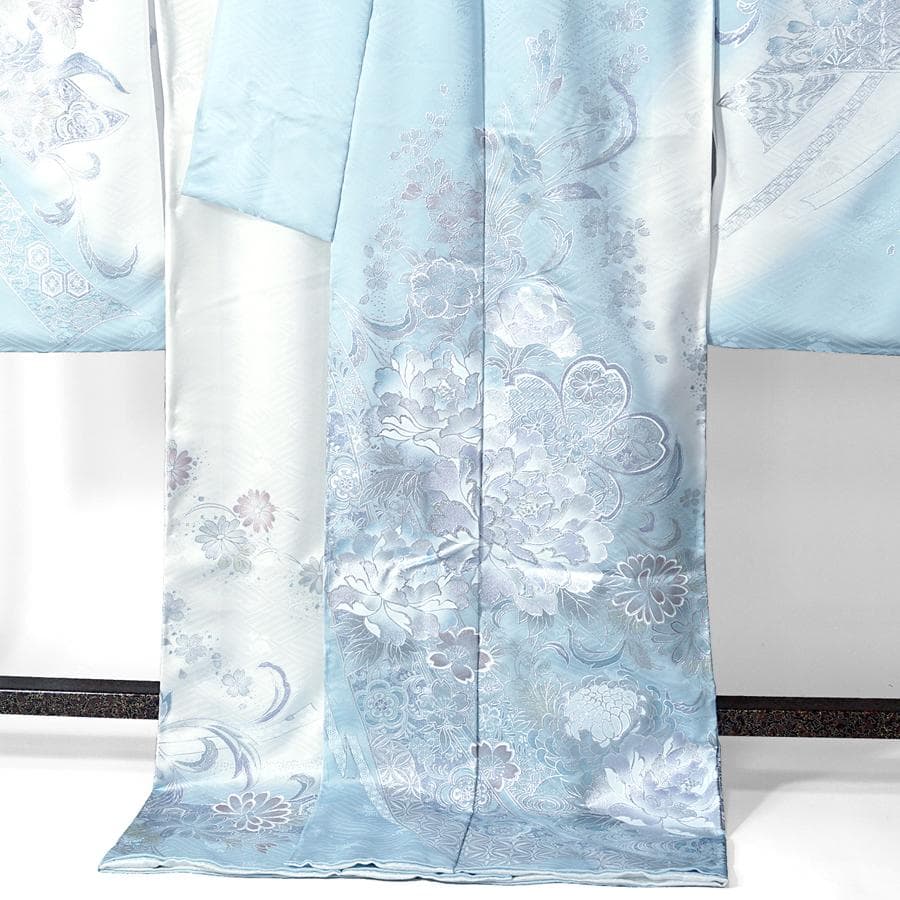 専用　ご予約　振袖　未仕立て　仮絵羽　アイスブルー　牡丹　桜　熨斗目　銀彩加工