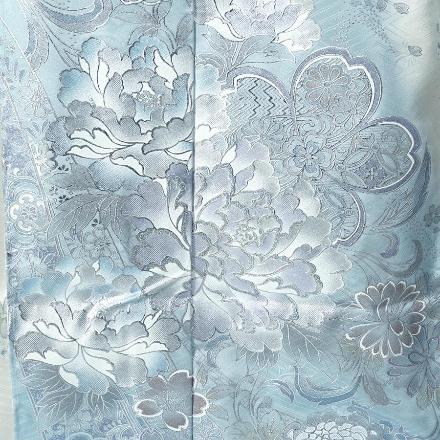 専用　ご予約　振袖　未仕立て　仮絵羽　アイスブルー　牡丹　桜　熨斗目　銀彩加工