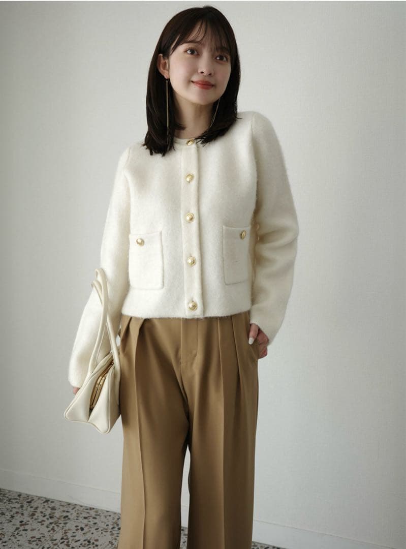 anuans 2025 カシミヤブレンドノーカラーニットジャケット