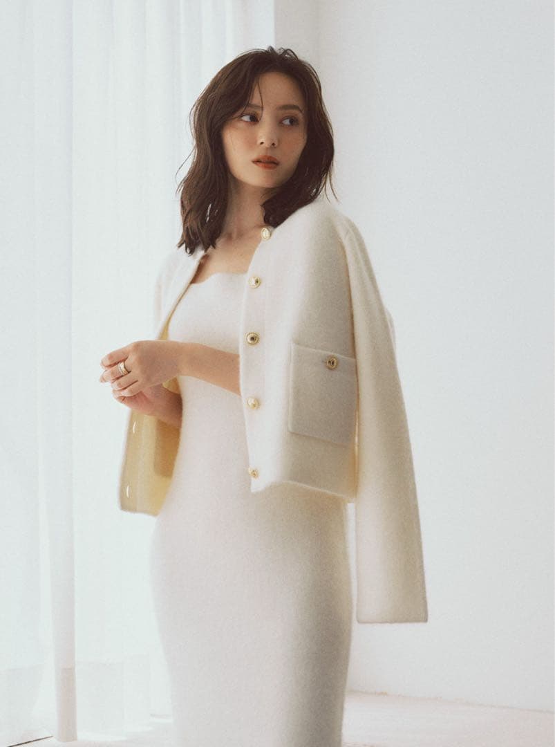 anuans 2025 カシミヤブレンドノーカラーニットジャケット