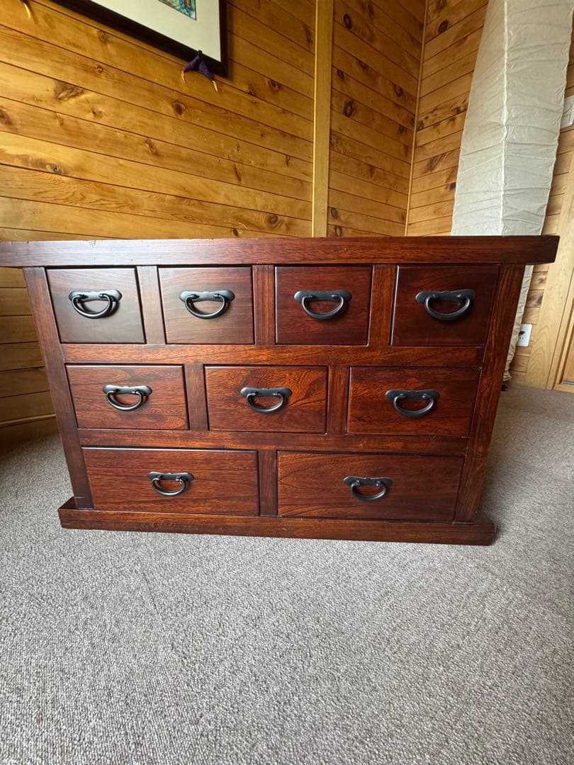 銘木アンティーク調木製タンス 9引き出し