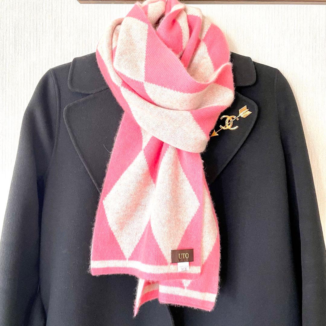 カシミア100% マフラー　アーガイル　ピンク
