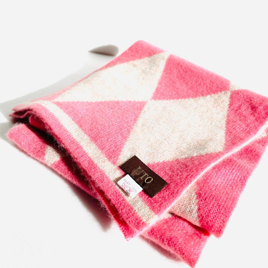 カシミア100% マフラー　アーガイル　ピンク