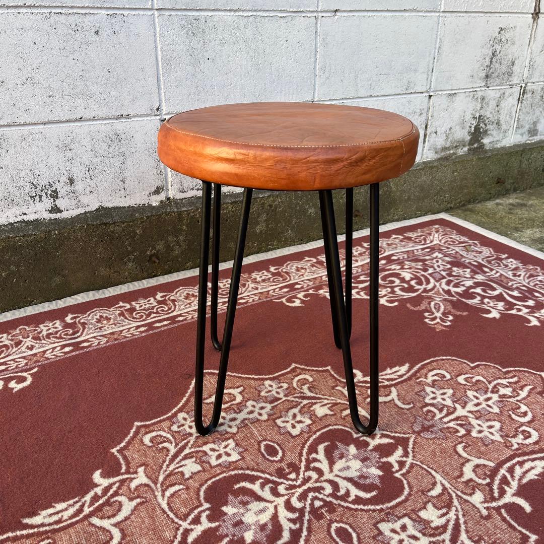 本革レザー座面×鉄脚アイアンレッグ◾️丸椅子 スツール 丸イス