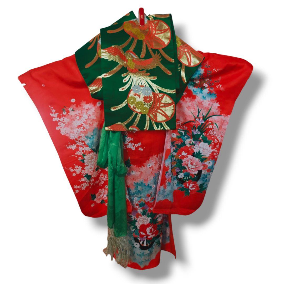 七五三 7歳 女の子 セット 正絹 昭和レトロ 金駒刺繍 牡丹 0706