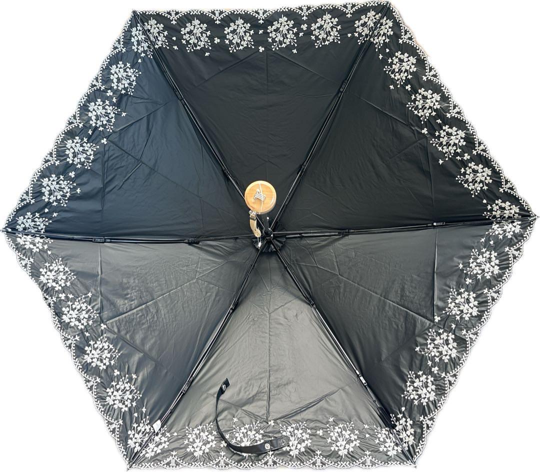 新品★ランバンコレクション★フラワー刺繍 晴雨兼用 折りたたみ日傘 雨傘★グレイ