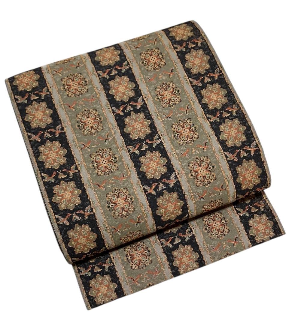 博多織 小森草木染工房 袋帯 全通柄 正絹 長斑錦華鳥紋 未使用 イ6300