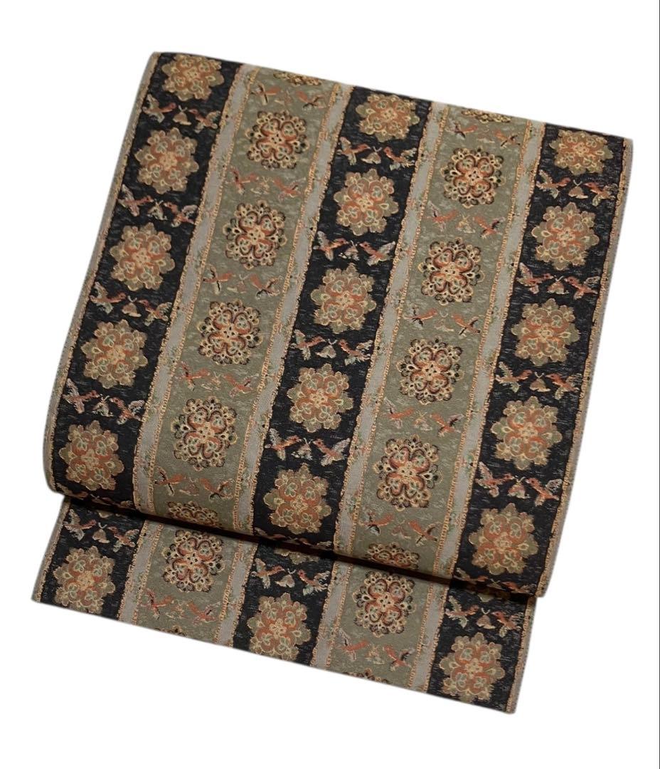 博多織 小森草木染工房 袋帯 全通柄 正絹 長斑錦華鳥紋 未使用 イ6300