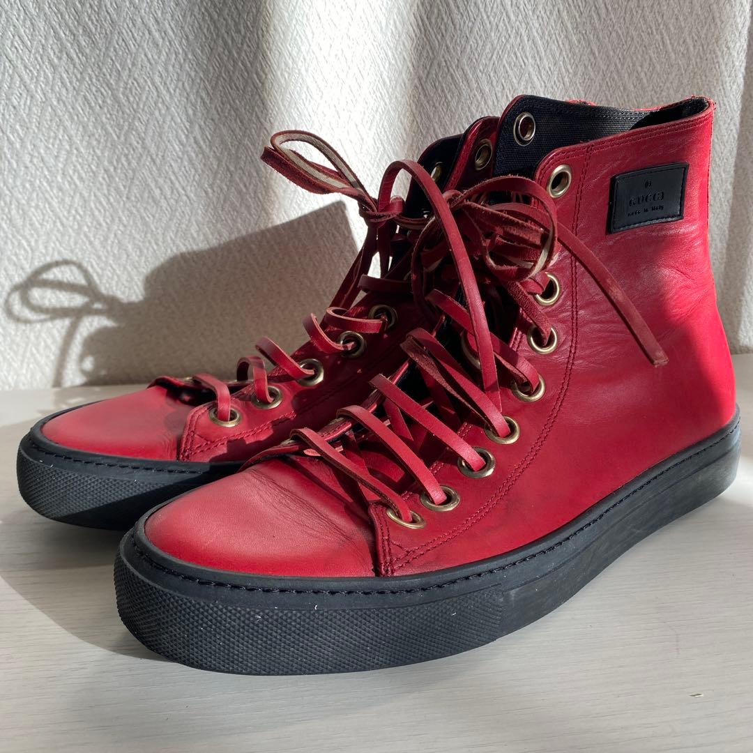【匿名配達⭕️】GUCCI グッチ　レザーハイカットスニーカー レッド/ブラック