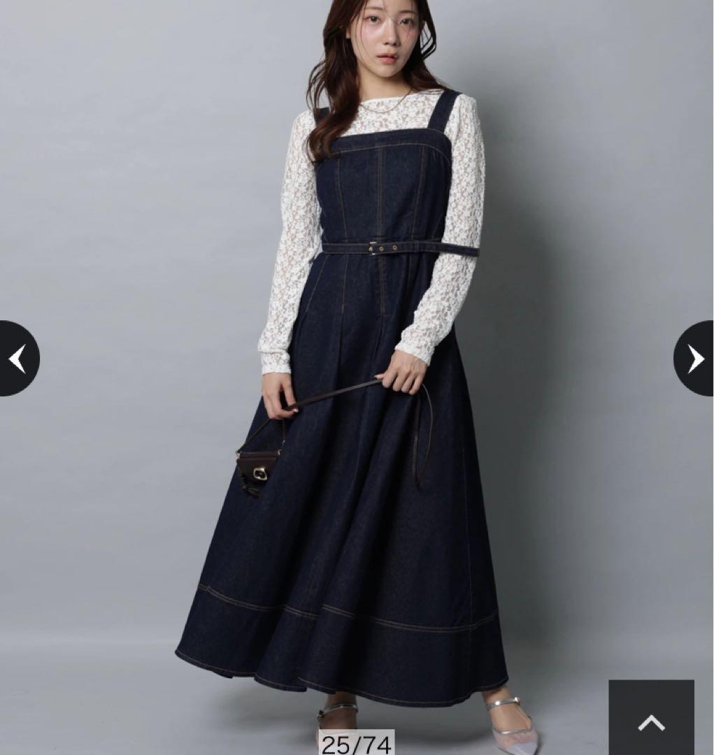 【新品】【セール中】アプワイザーリッシェ　ショルダーリボンデニムジャンスカ　紺S