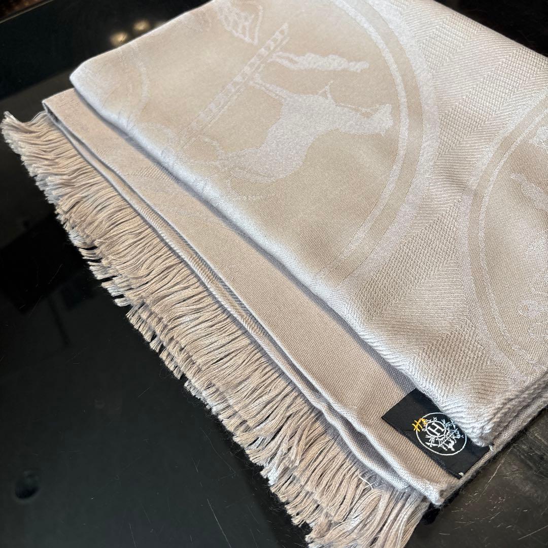 エルメス　大判ストール　グレージュ　カシミヤ　シルク　美品