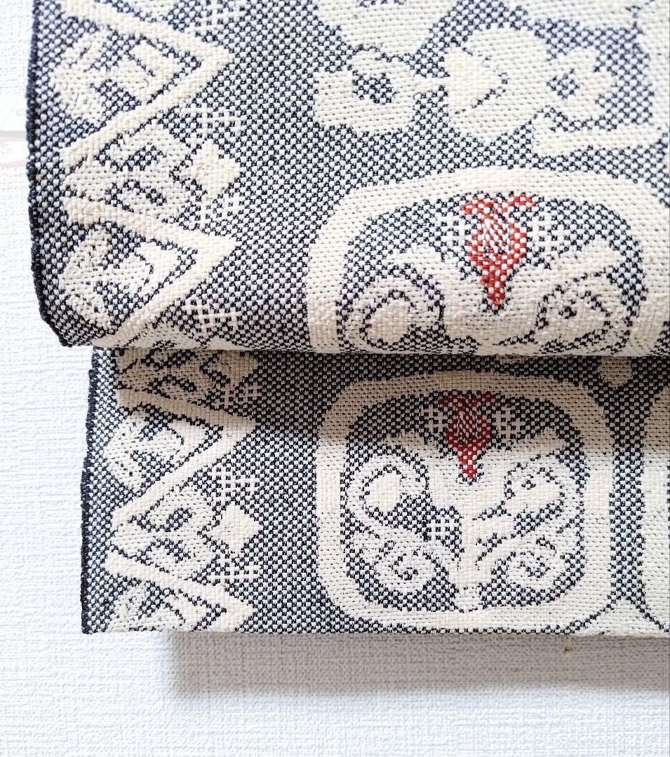 大人の名古屋帯黒白桐生紬幾何学柄帯和柄伝統工芸品和服和装グレー織の帯正絹つむぎ単