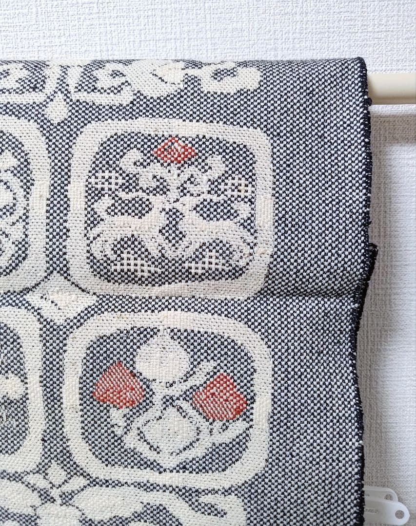 大人の名古屋帯黒白桐生紬幾何学柄帯和柄伝統工芸品和服和装グレー織の帯正絹つむぎ単