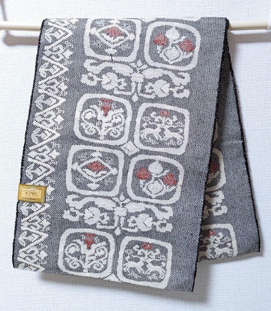 大人の名古屋帯黒白桐生紬幾何学柄帯和柄伝統工芸品和服和装グレー織の帯正絹つむぎ単