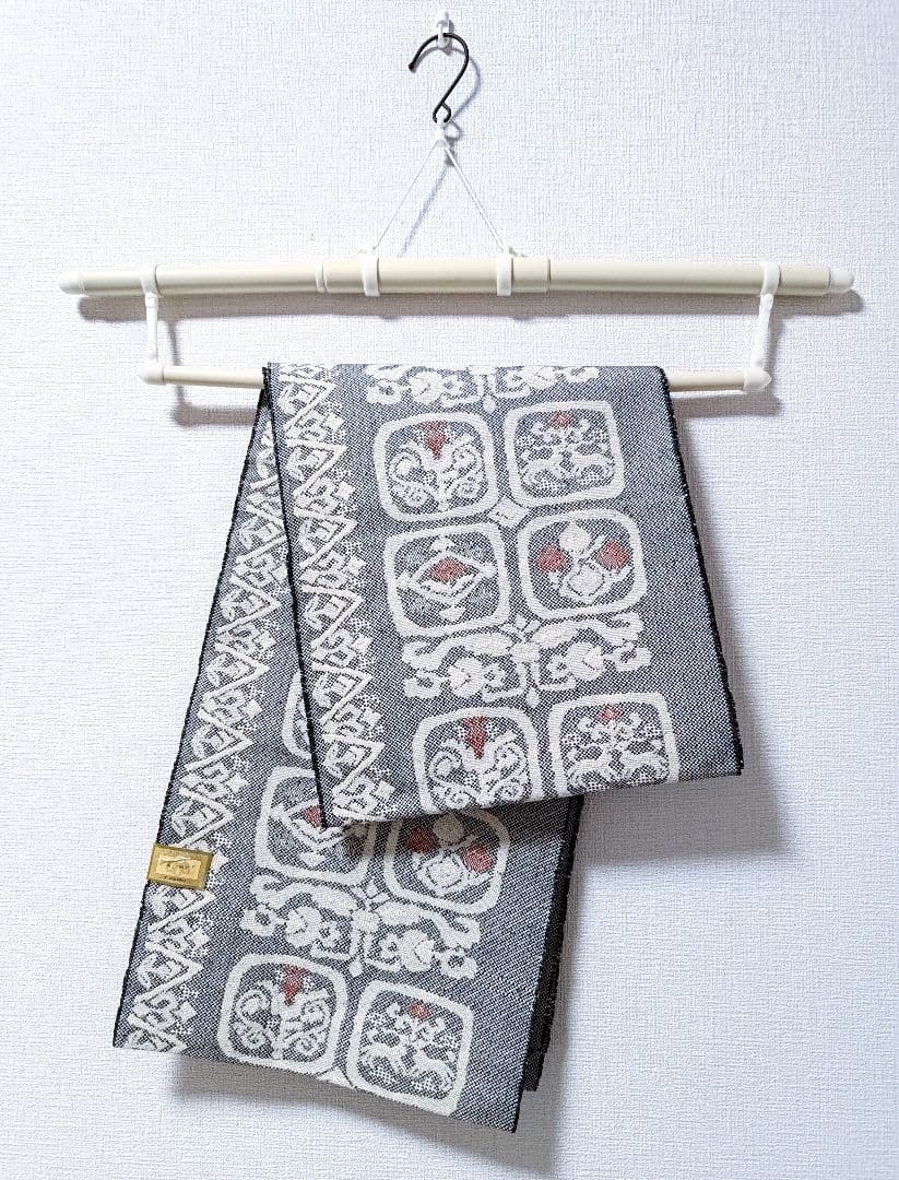 大人の名古屋帯黒白桐生紬幾何学柄帯和柄伝統工芸品和服和装グレー織の帯正絹つむぎ単