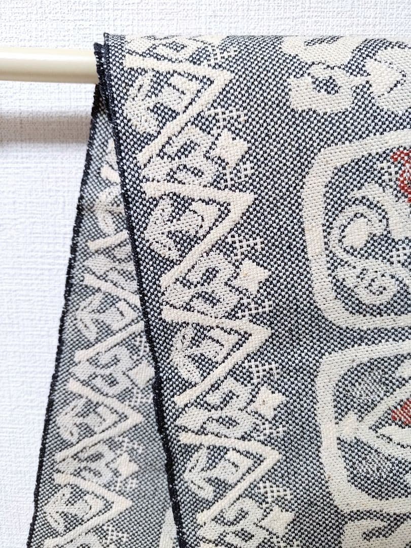 大人の名古屋帯黒白桐生紬幾何学柄帯和柄伝統工芸品和服和装グレー織の帯正絹つむぎ単