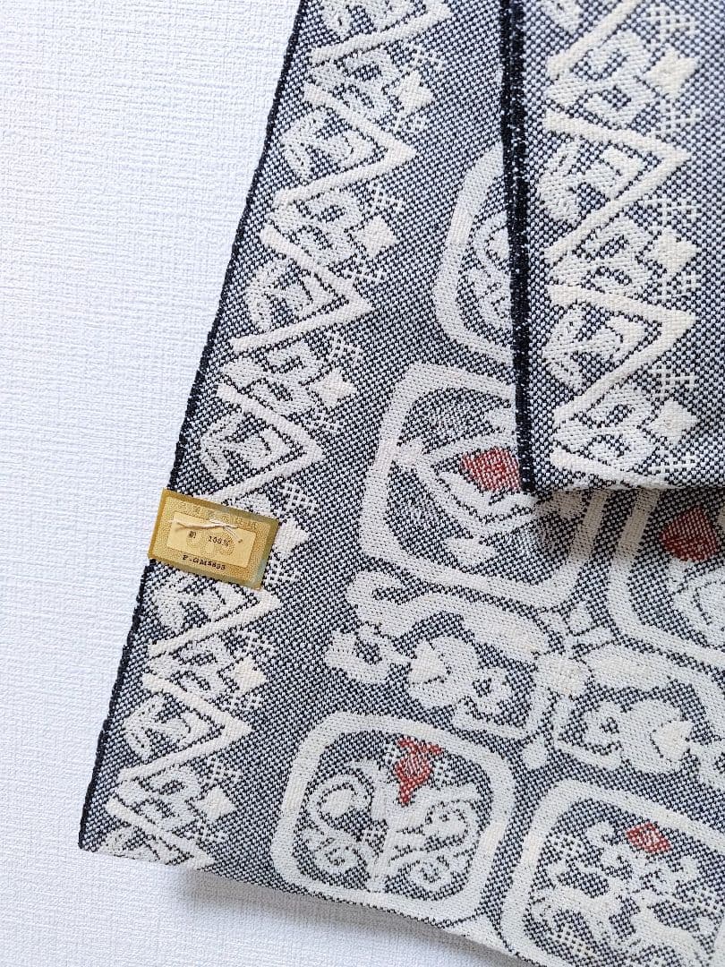 大人の名古屋帯黒白桐生紬幾何学柄帯和柄伝統工芸品和服和装グレー織の帯正絹つむぎ単