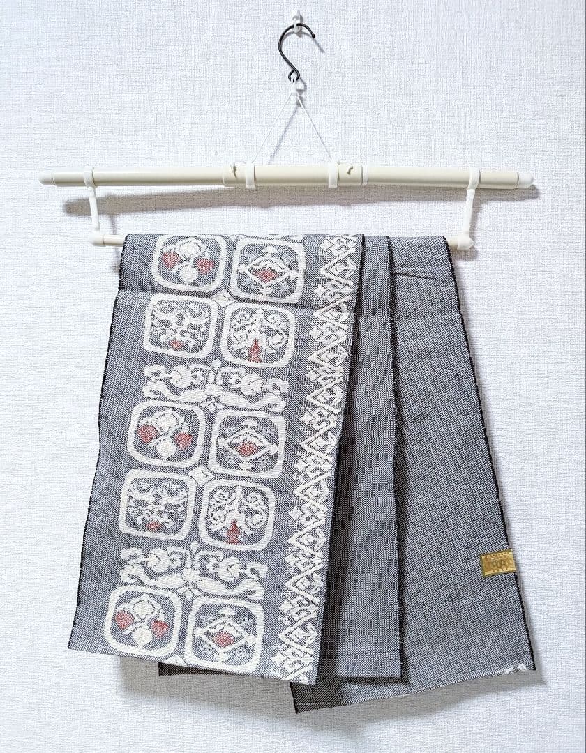 大人の名古屋帯黒白桐生紬幾何学柄帯和柄伝統工芸品和服和装グレー織の帯正絹つむぎ単