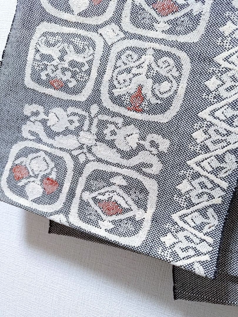 大人の名古屋帯黒白桐生紬幾何学柄帯和柄伝統工芸品和服和装グレー織の帯正絹つむぎ単