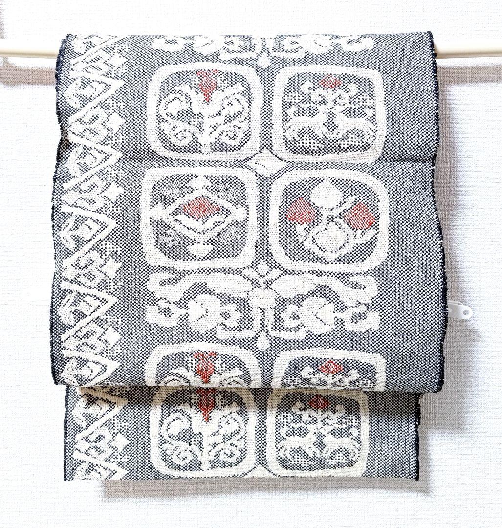 大人の名古屋帯黒白桐生紬幾何学柄帯和柄伝統工芸品和服和装グレー織の帯正絹つむぎ単