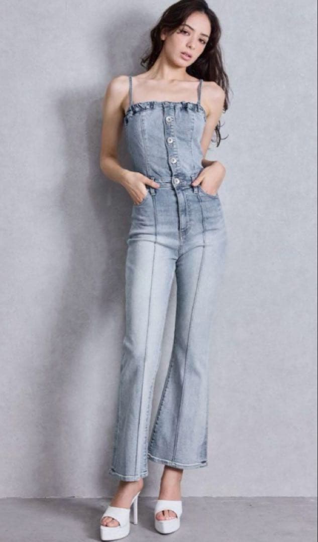 GYDA BACKリボンデニムロンパース ライトブルー