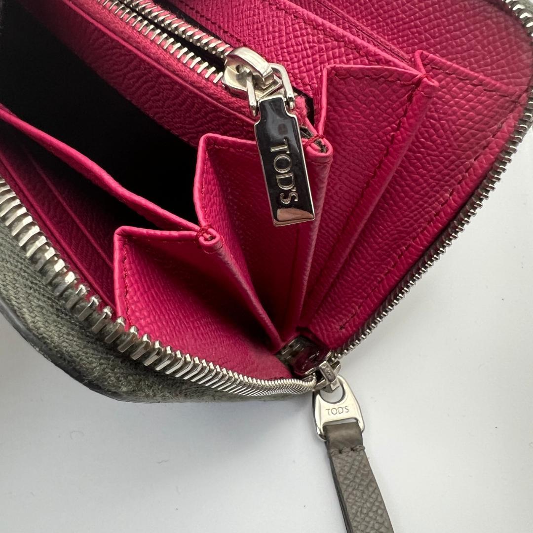 美品 トッズ☆L字ジッピーロングウォレット 長財布 ぺブルドレザー 本革 グレー