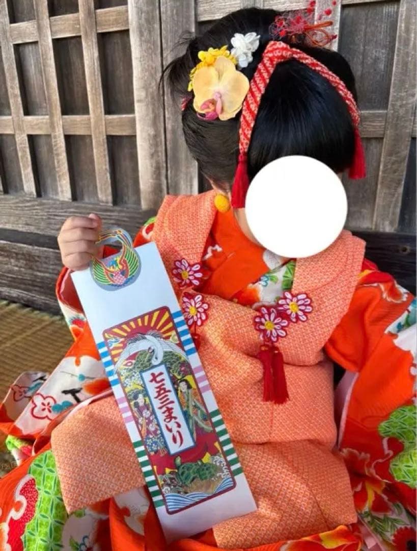 七五三　3歳で使用　オレンジ花柄着物•髪飾りセット
