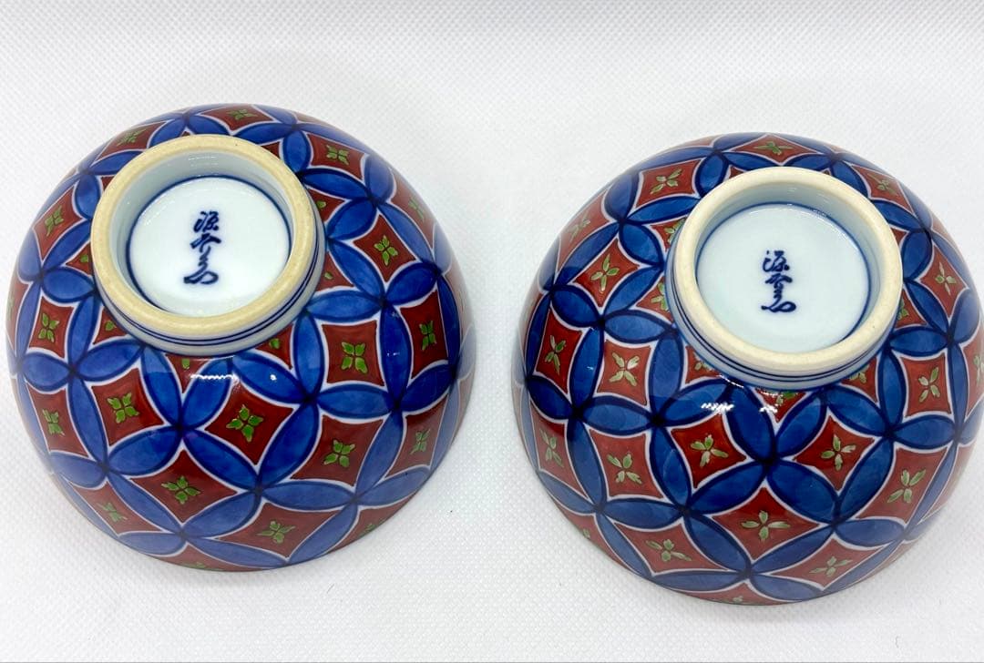 #源右衛門窯 染錦七宝紋　飯碗 ペアセットP-6