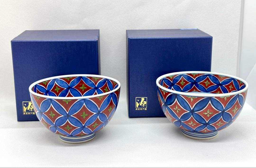 #源右衛門窯 染錦七宝紋　飯碗 ペアセットP-6