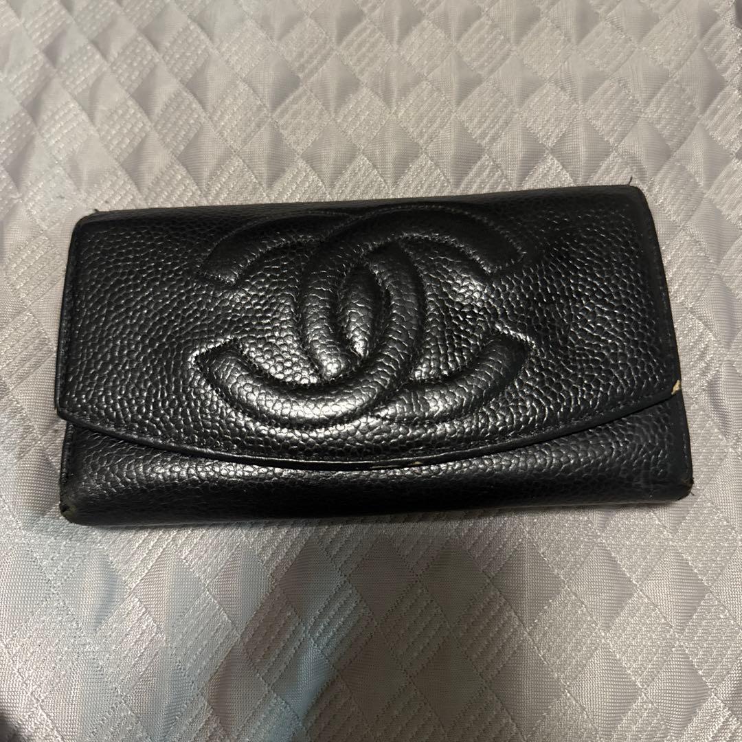 【an✿】CHANEL ブラックレザー 三つ折り財布、シリアルナンバー有り