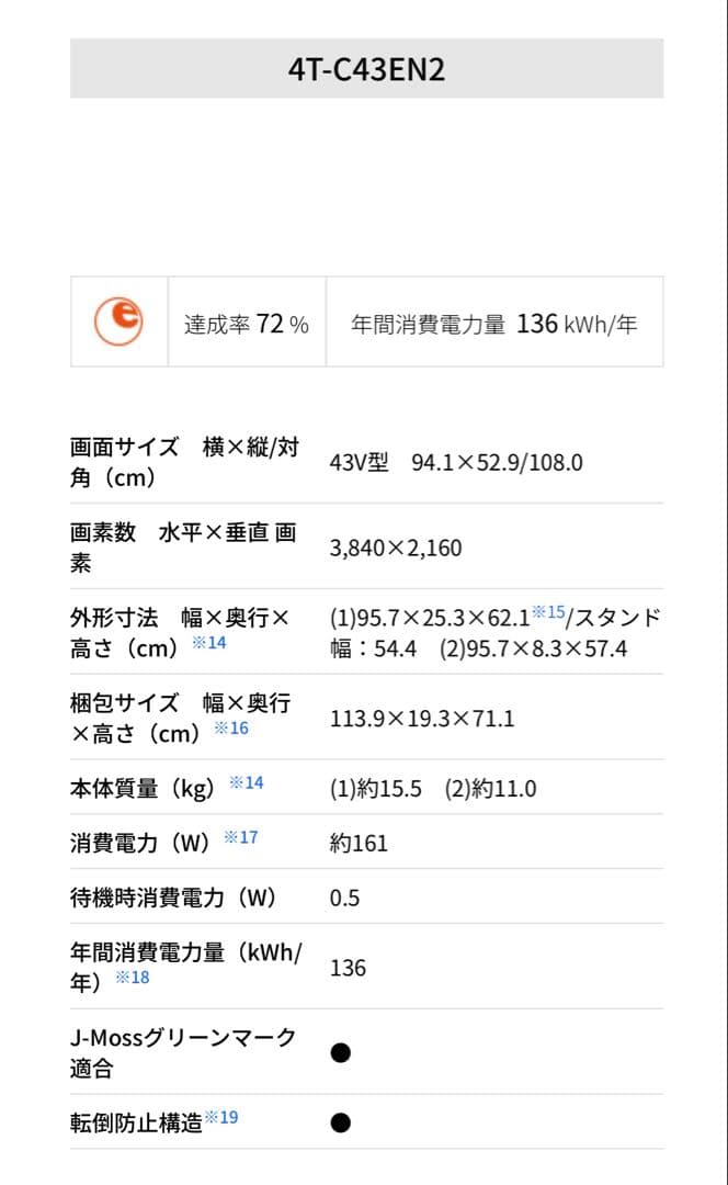 2023年製 シャープ 43V型　4K液晶テレビ AQUOS 4TC43EN2