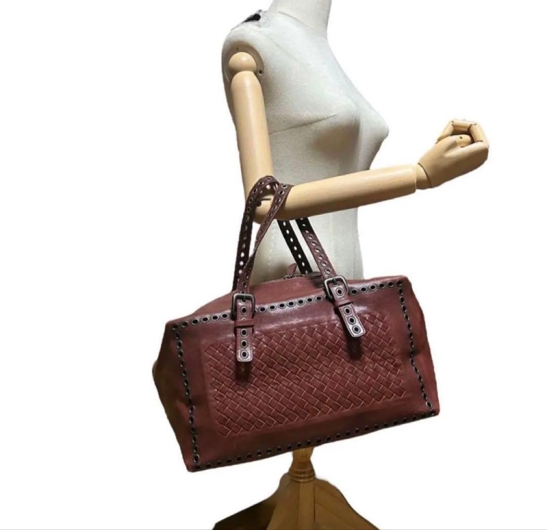 希少　ボッテガヴェネタ　ミニボストン　ハンドバッグ　イントレチャート　レザー　赤