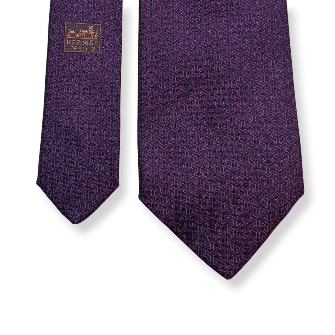 美品✨HERMES ネクタイ　エルメス　ジャガード　ネイビー　レッド