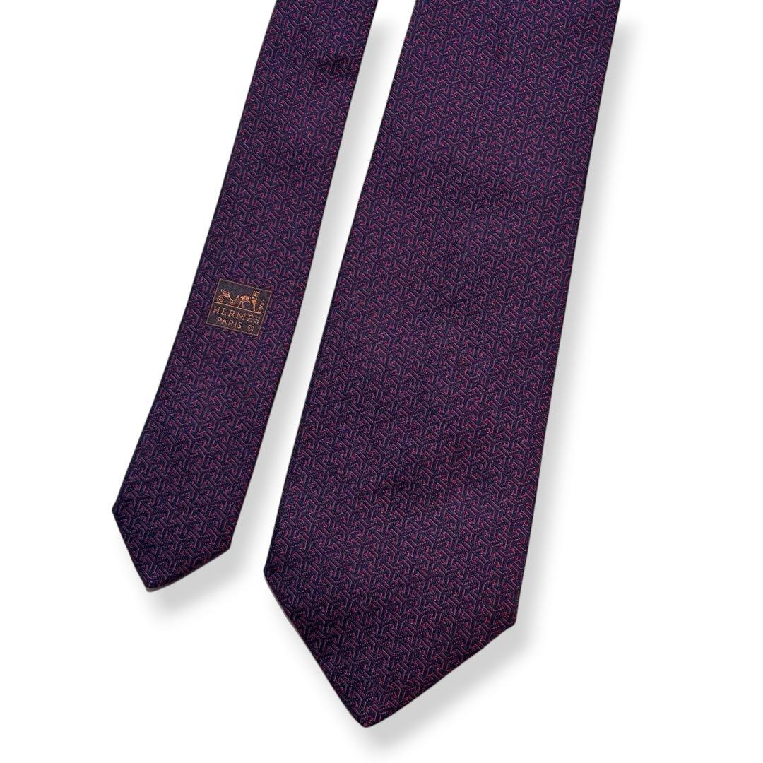 美品✨HERMES ネクタイ　エルメス　ジャガード　ネイビー　レッド